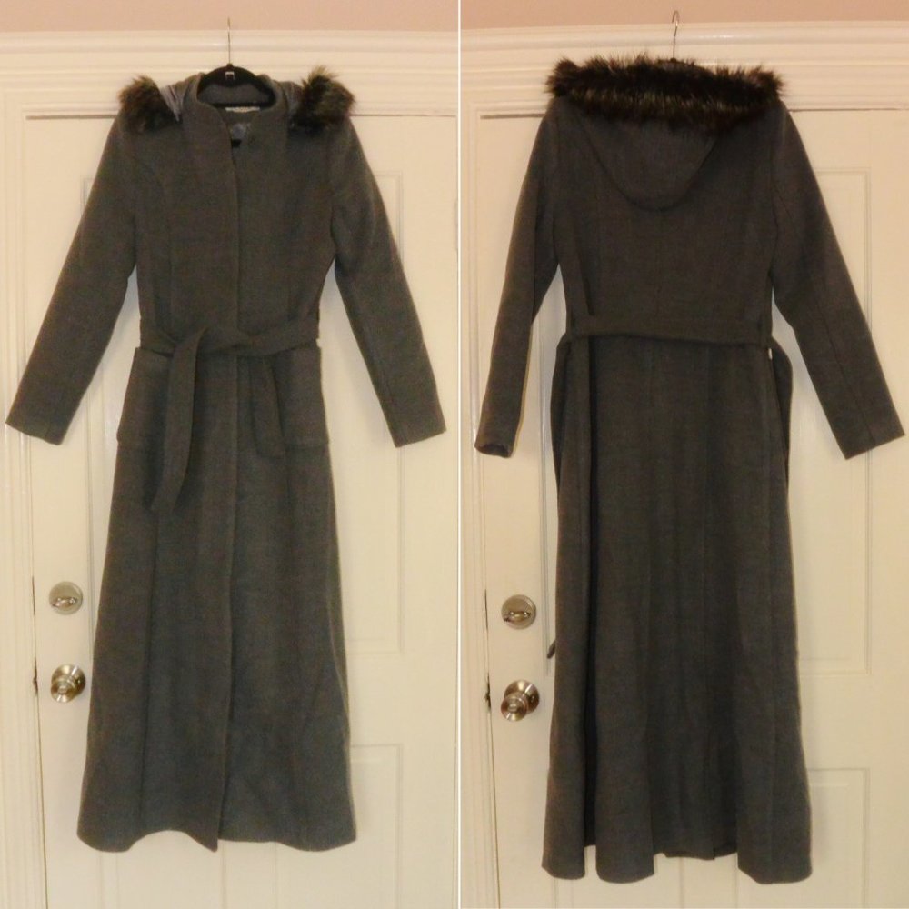 Grey Long Coat with faux fur hood size 42 - Picture 2 of 13